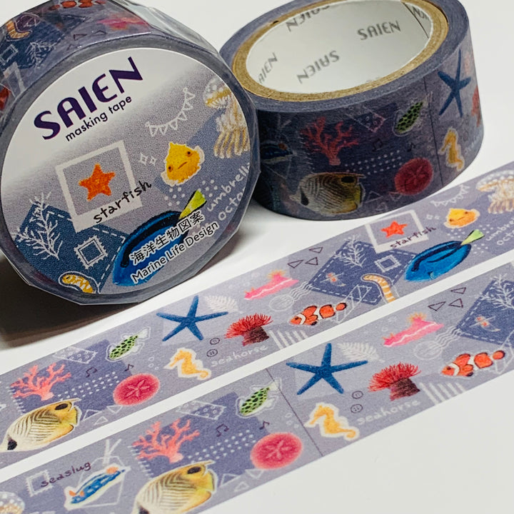 MARINE LIFE MEMORYKEEPING Collage Patina Saien Masking Washi Tape ~ 1 Roll ~ 20mm x 7m (23 Feet)