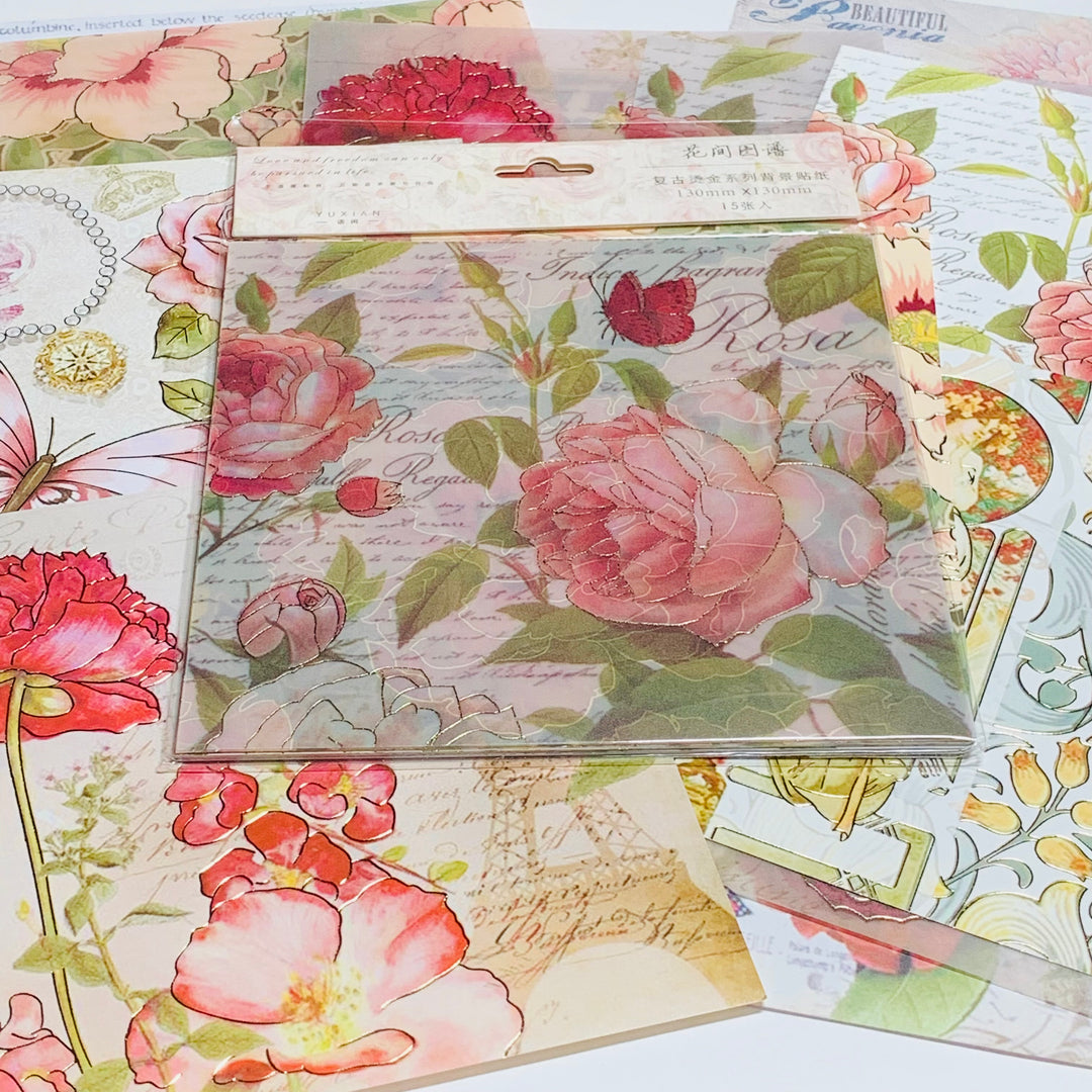 FLOWER POWER GARDEN Vellum & Designed Ephemera Paper Pack ~ 15 Sheets ~ Size 5 x 5 Inches