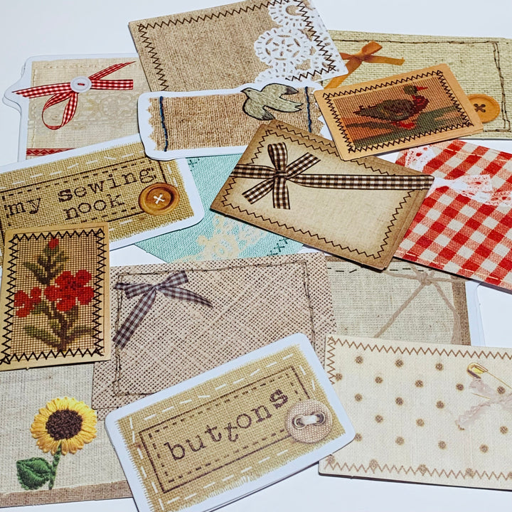 OLD TEXTILE STITCHING Candy Poetry Ephemera Paper Stickers Pack ~ 30 Stickers ~ 40 - 100mm