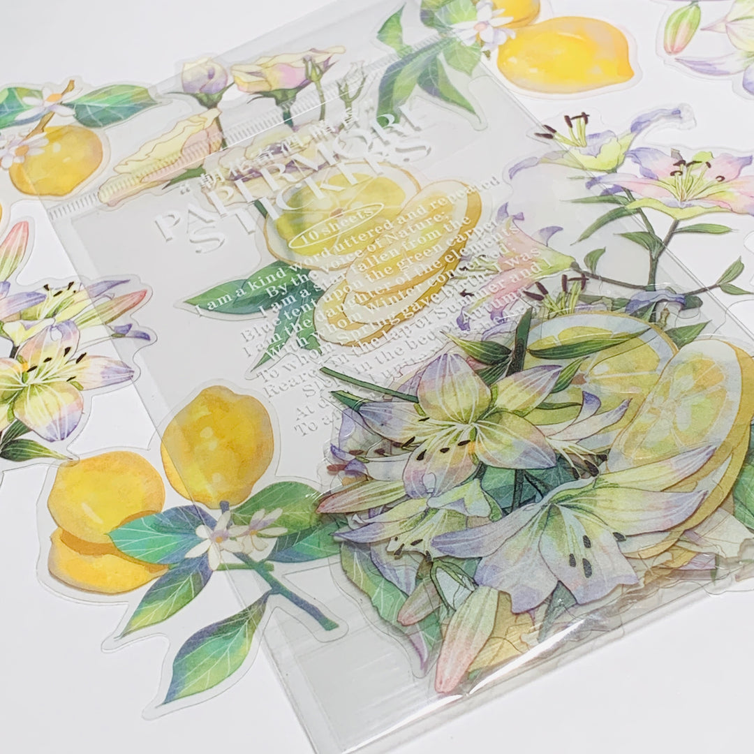 LEMON TREE SLICES & ORCHIDS Transparent Peelable Sticker Ephemera Pack ~ 10 Large Stickets ~ Approx  152 x 90 mm Each