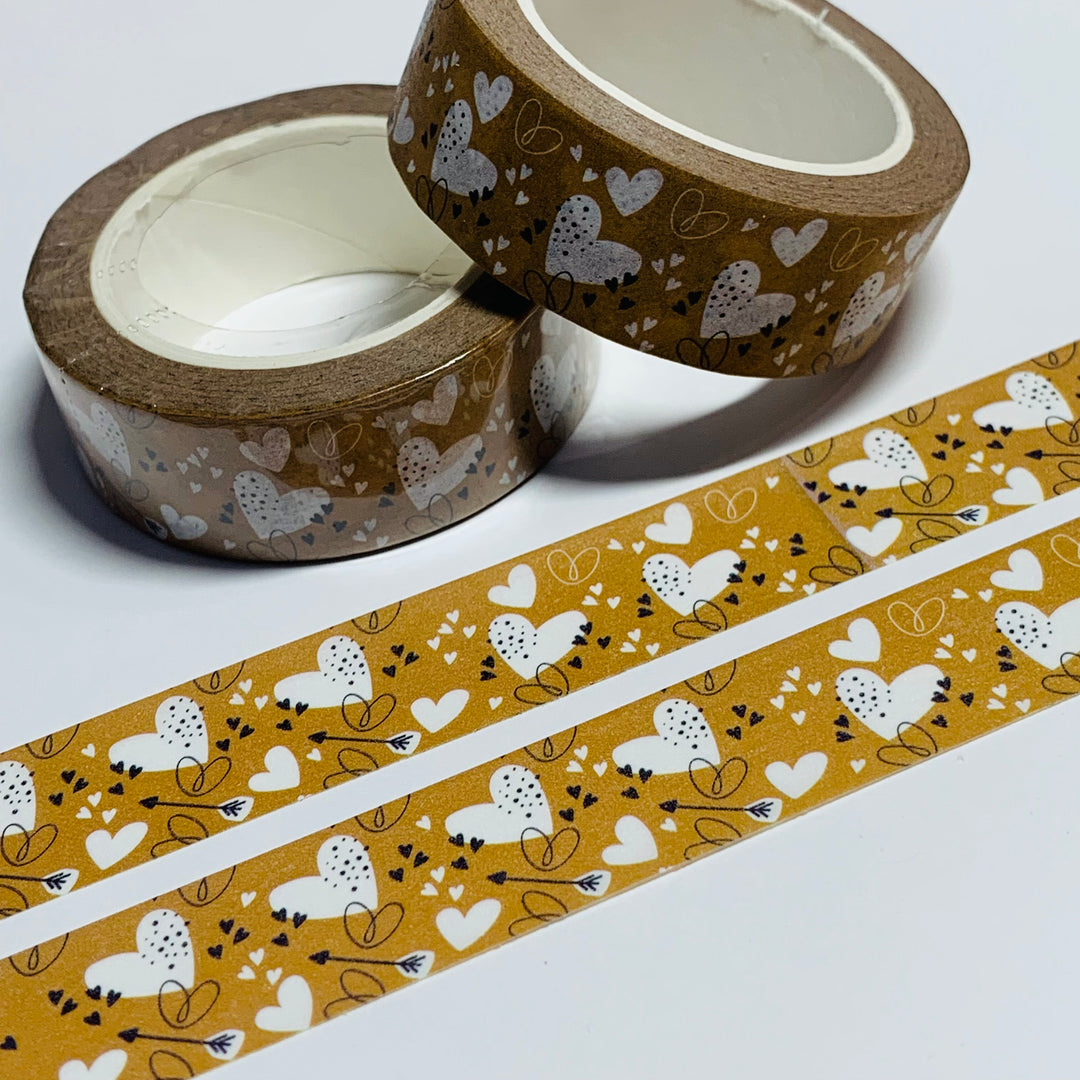 GOLDEN HEARTS & ARROWS VALENTINE Washi Tape ~ 1 Roll ~ 15mm x 10m (33 Feet)