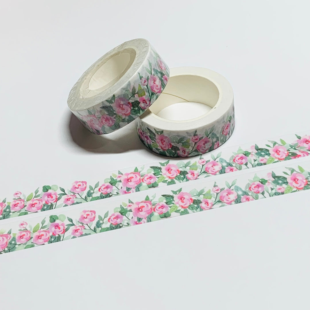 PRETTY PINK CABBAGE ROSE Garden Washi Tape - 1 Roll - 15mm x 10m (33 Feet)