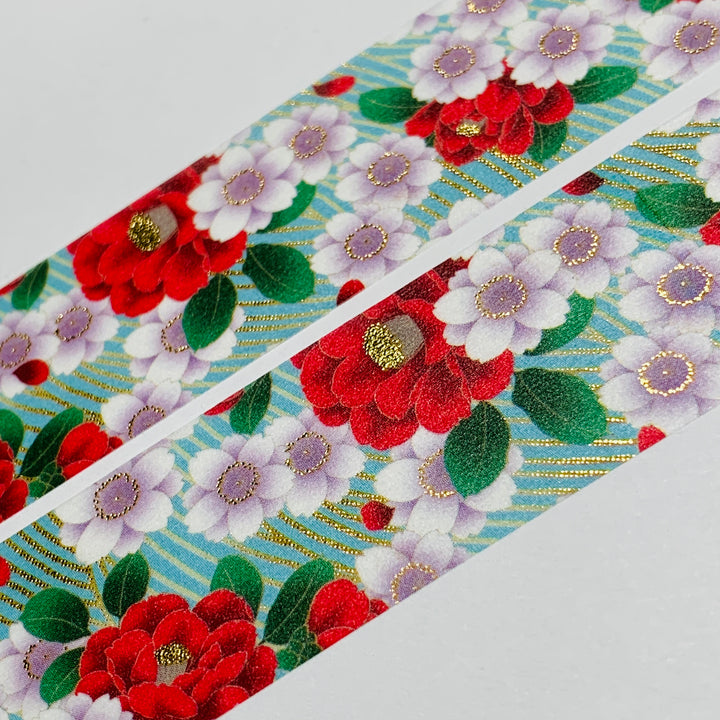 KIMONO CAMELLIA And CHERRY BLOSSOMS Gold Foil Saien Washi Tape ~ 1 Roll ~ 25mm x 5m (16 Feet)