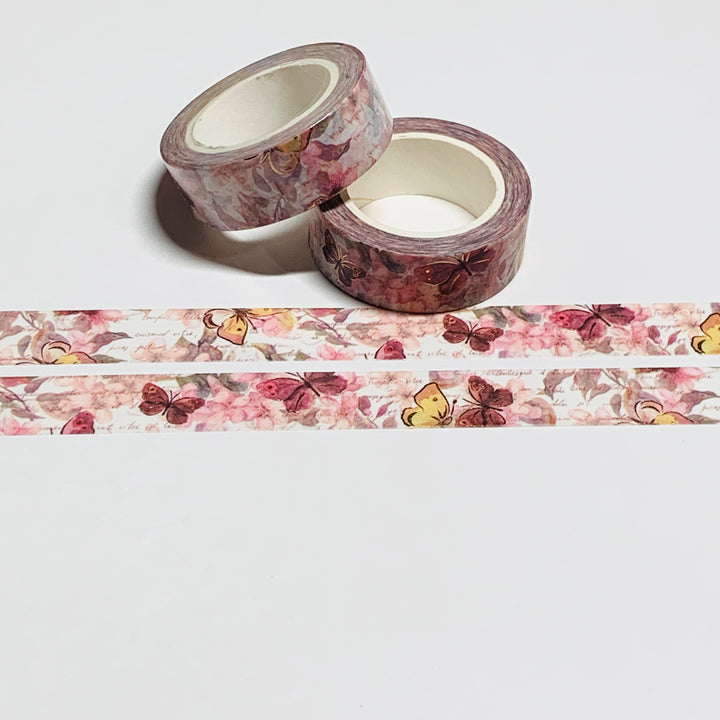 POETRY & PROSE BUTTERFLY Rose Gold Floral Washi Tape ~ 1 Roll ~ 15mm x 10m (33 Feet)