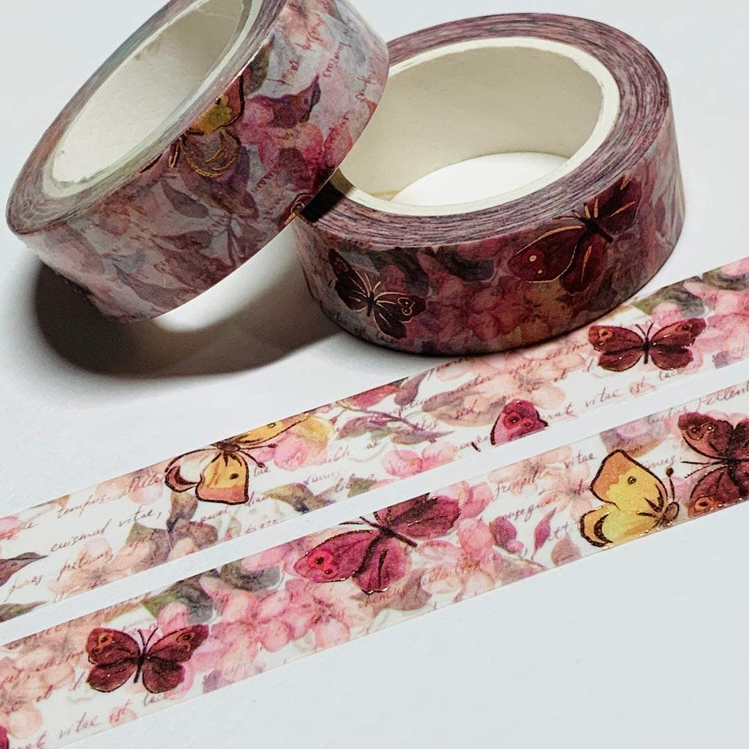 POETRY & PROSE BUTTERFLY Rose Gold Floral Washi Tape ~ 1 Roll ~ 15mm x 10m (33 Feet)