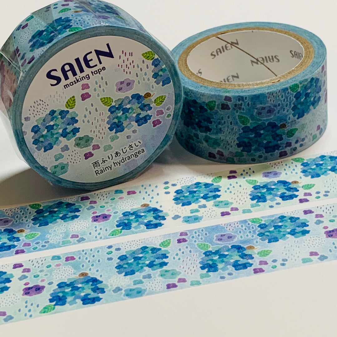 RAINY BLUE HYDRANGEA FLOWERS Saien Masking Washi Tape ~ 1 Roll ~ 20mm x 7m (23 Feet)