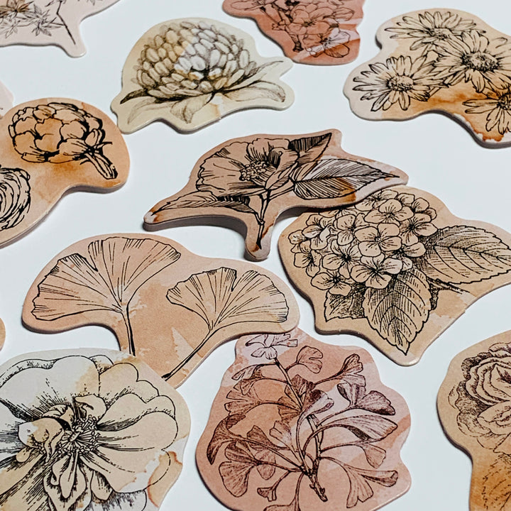 TEA-STAINED DOODLED FLOWERS Peelable Stickers  ~ 46 Pieces ~ Each Sticker is 44mm