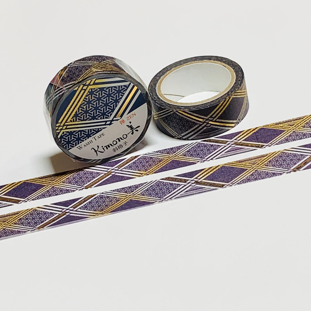 KIMONO SLANTED GRID NAVY & Gold Foil Saien Washi Tape ~ 1 Roll ~ 15mm x 7m (23 Feet)