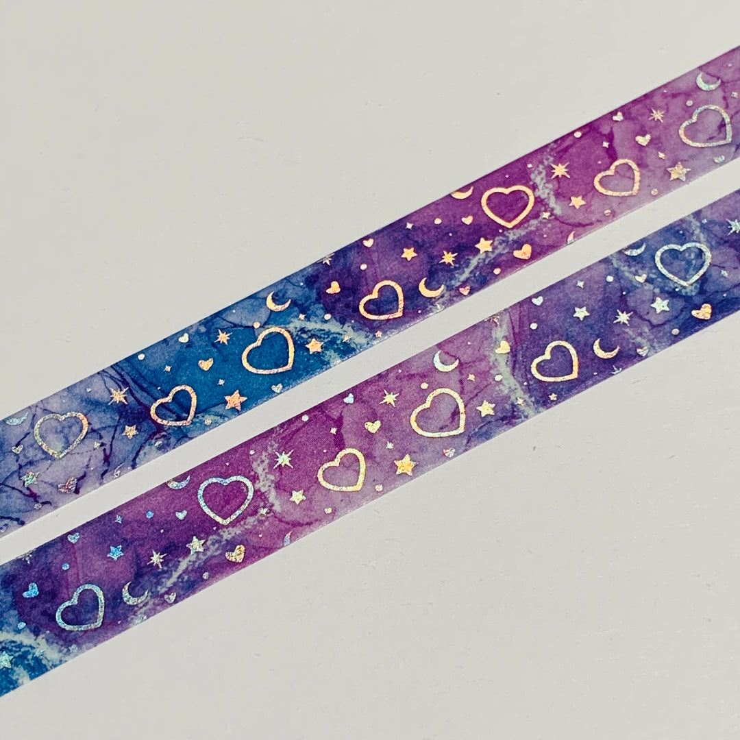 CLUSTERED HEARTS STARS & MOONS Holographic Silver Foil Washi Tape ~ 1 Roll ~ 10mm x 10m (33 Feet)