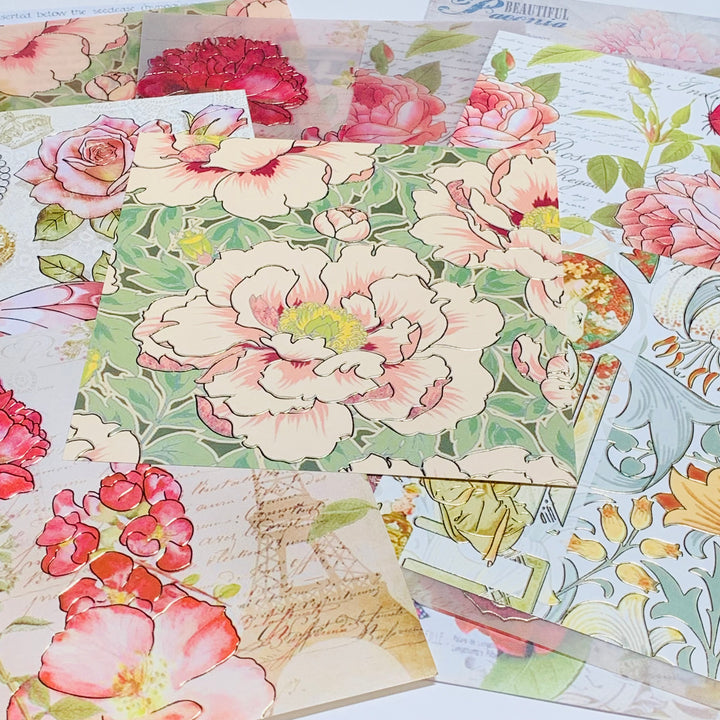 FLOWER POWER GARDEN Vellum & Designed Ephemera Paper Pack ~ 15 Sheets ~ Size 5 x 5 Inches