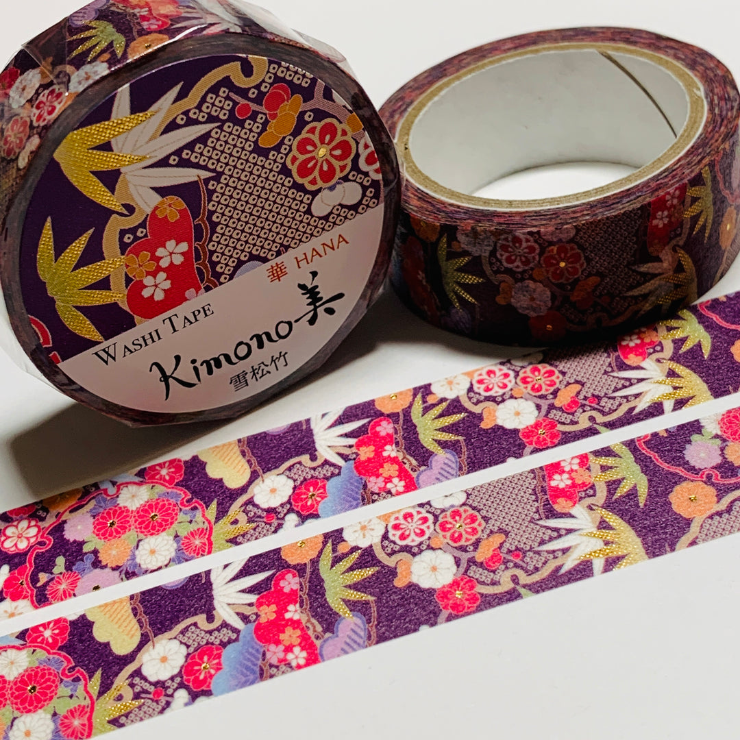 KIMONO SNOW PINE & BAMBOO Gold Foil Saien Washi Tape ~ 1 Roll ~ 15mm x 7m (23 Feet)