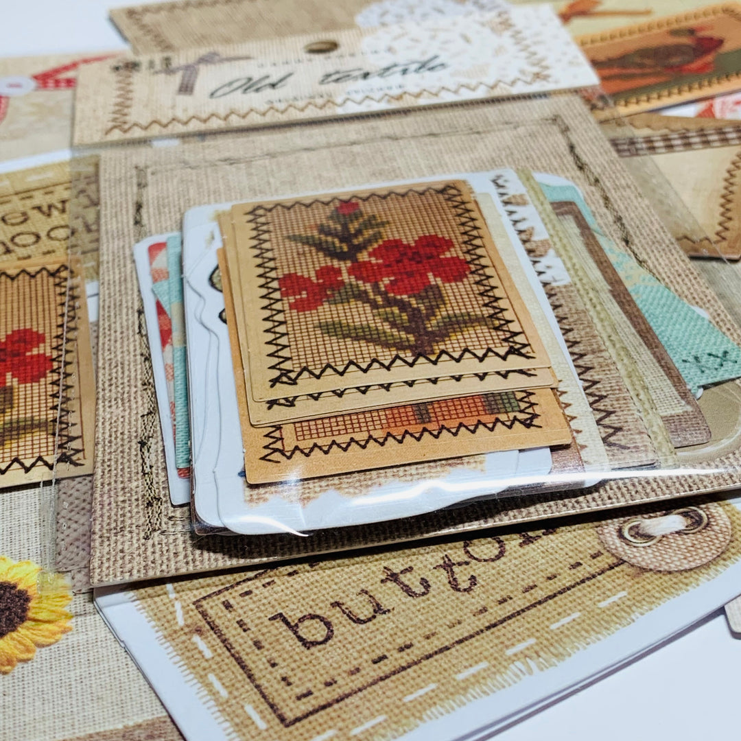 OLD TEXTILE STITCHING Candy Poetry Ephemera Paper Stickers Pack ~ 30 Stickers ~ 40 - 100mm