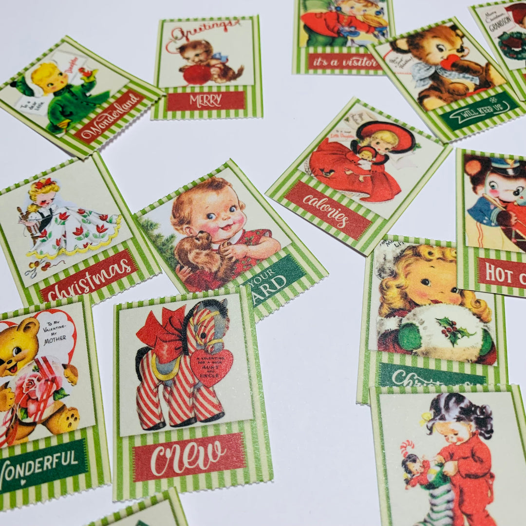 VINTAGE CHRISTMAS GREETINGS Ticket Sticker Sheets ~ 1 Stack ~ 150 Stickers in 30 Designs