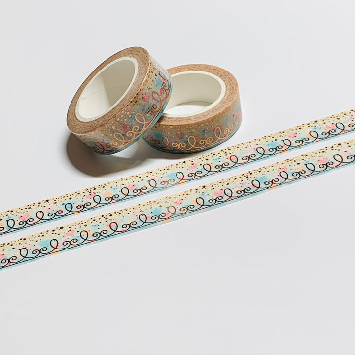 PASTEL TULIPS With ROSE GOLD FILIGREE And RAINING STARS Washi Tape ~ 1 Roll