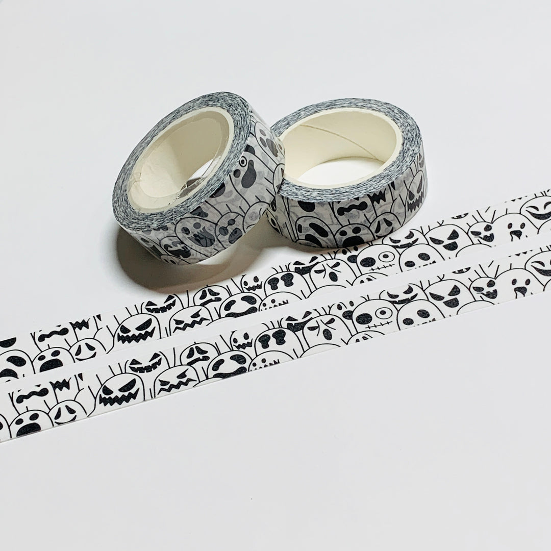 GHOULISH GRINNING MONSTER COLLAGE In BLACK & WHITE Halloween Washi Tape ~ 1 Roll ~ 15mm x 10m (33 Feet)