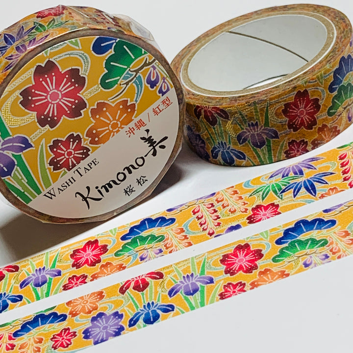 KIMONO CHERRY BLOSSOM & PINE Gold Foil Saien Washi Tape ~ 1 Roll ~ 15mm x 7m (23 Feet)