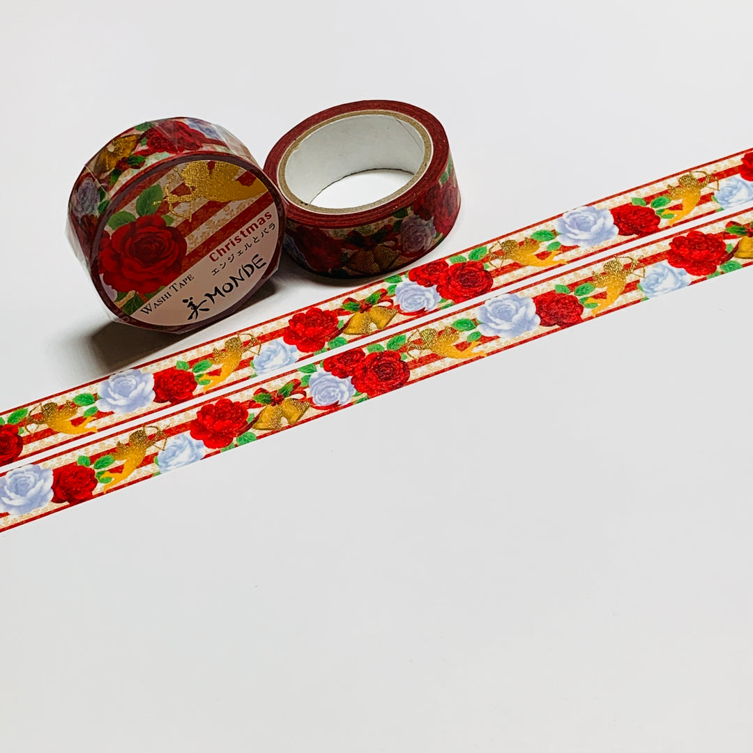 KIMONO CHRISTMAS ANGEL & ROSES Gold Foil Saien Washi Tape ~ 1 Roll ~ 15mm x 7m (23 Feet)