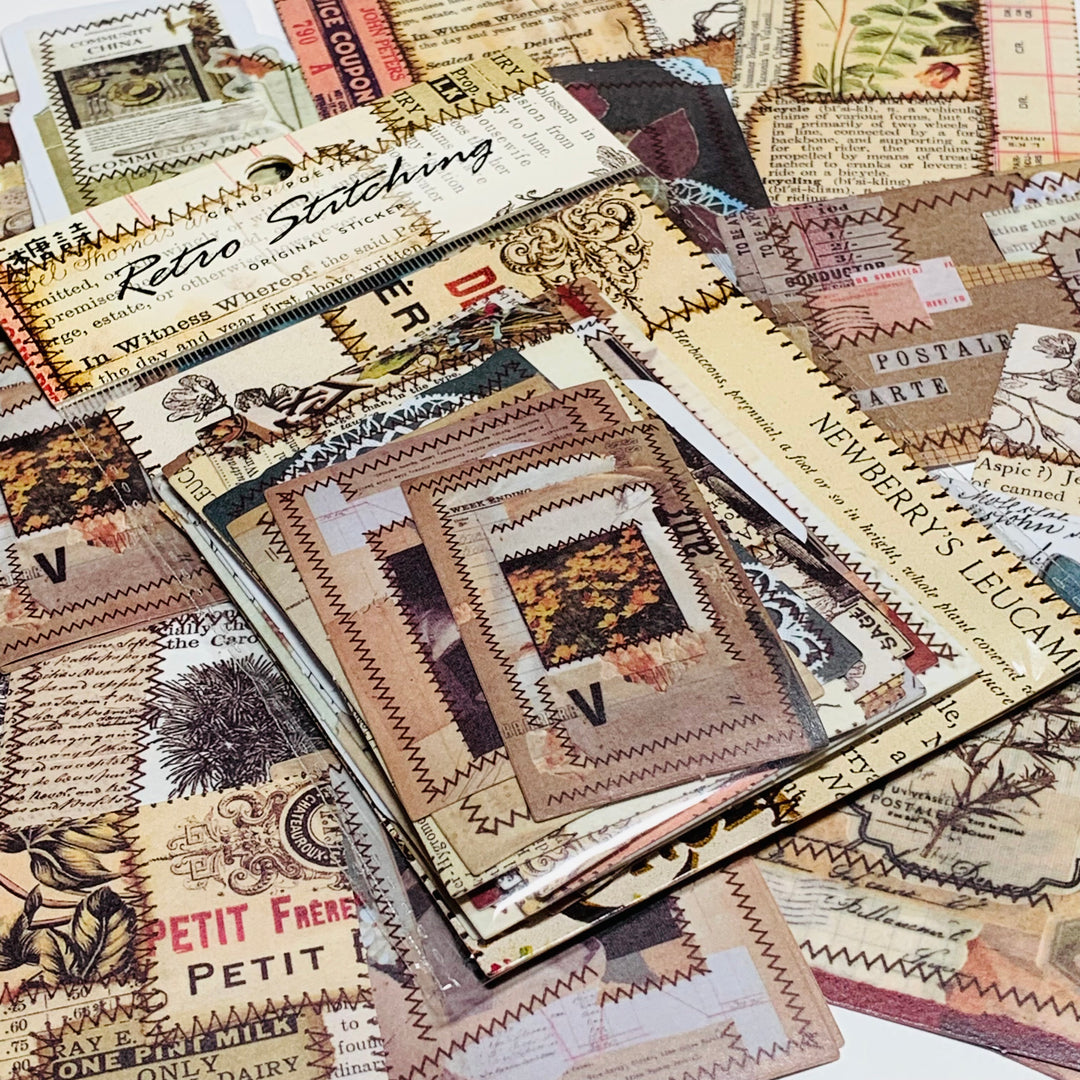 RETRO MIXED MEDIA STITCHING Candy Poetry Ephemera Paper Stickers Pack ~ 30 Stickers ~ 40 - 100mm