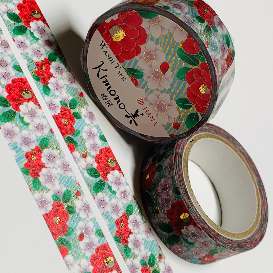 KIMONO CAMELLIA And CHERRY BLOSSOMS Gold Foil Saien Washi Tape ~ 1 Roll ~ 15mm x 7m (23 Feet)