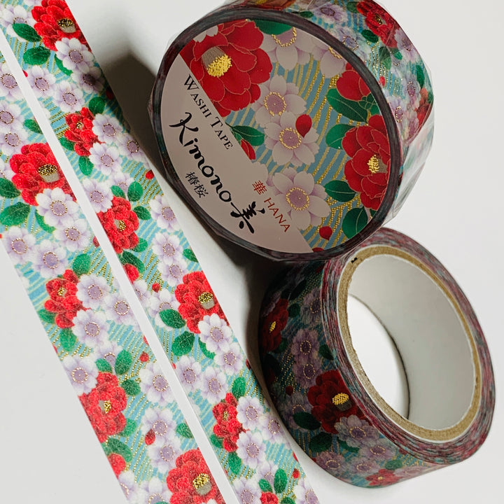 KIMONO CAMELLIA And CHERRY BLOSSOMS Gold Foil Saien Washi Tape ~ 1 Roll ~ 15mm x 7m (23 Feet)