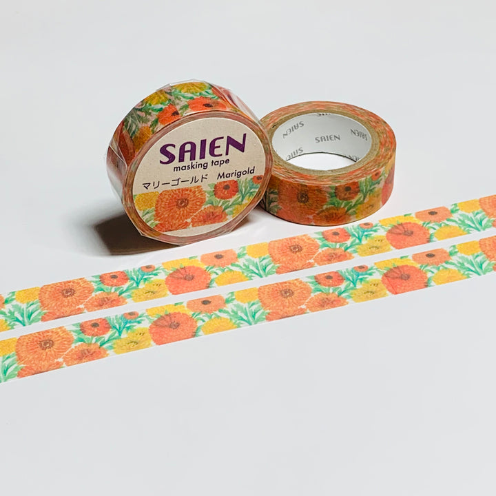 MARIGOLDS In YELLOW & ORANGE FLORAL Saien Masking Washi Tape ~ 1 Roll ~ 15mm x 10m (33 Feet)