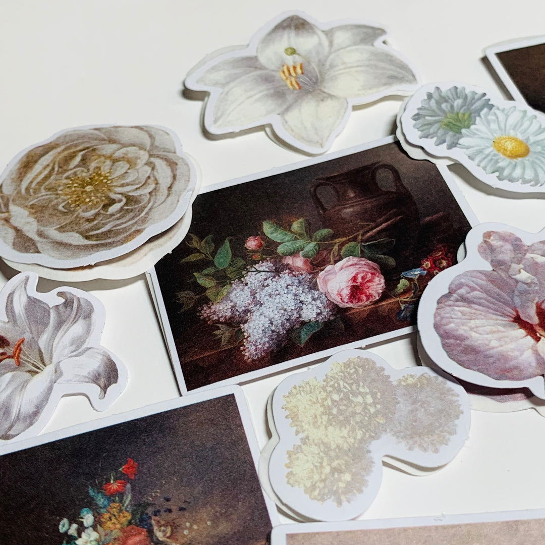 WHITE HIBISCUS & ROSES IMPERIAL Garden Floral Sticker Flakes Stickers ~ 40 Stickers ~ 1 to 3 Inches Each