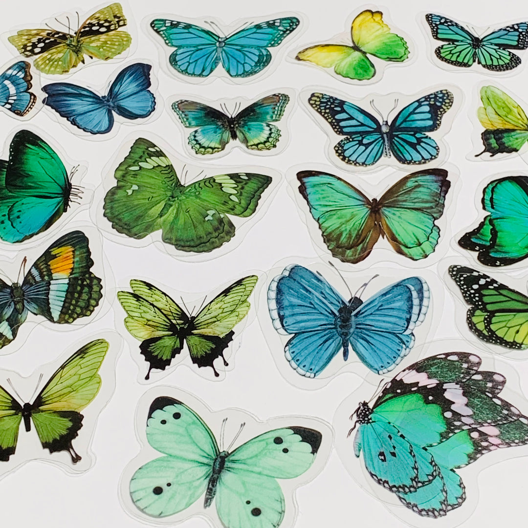 GREEN BUTTERFLY NATURE Series Transparent Peelable Stickers ~ 40 Stickers - 40 to 50mm In Size