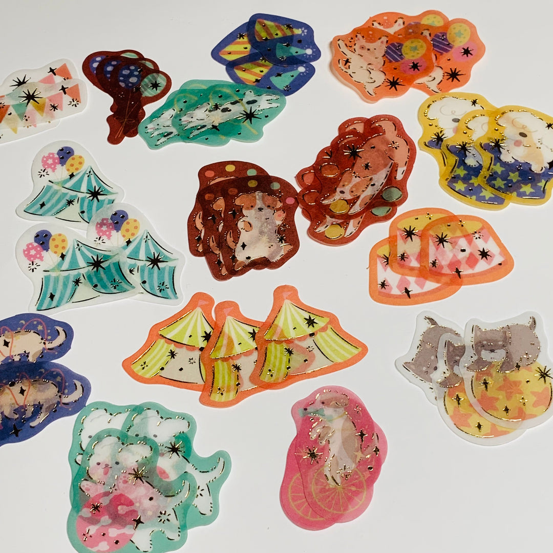 CIRCUS ANIMAL PARTY With Gold Foil Sticker Flakes Stickers ~ 45 Pieces ~ Approximately 38mm Each