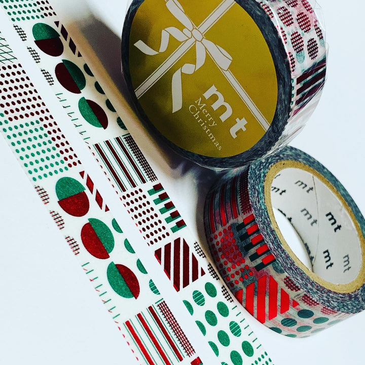 RED & GREEN DOTS STRIPES FOIL CHRISTMAS MT Washi Tape ~ 1 Roll ~ 15mm x 7m (23 Feet)