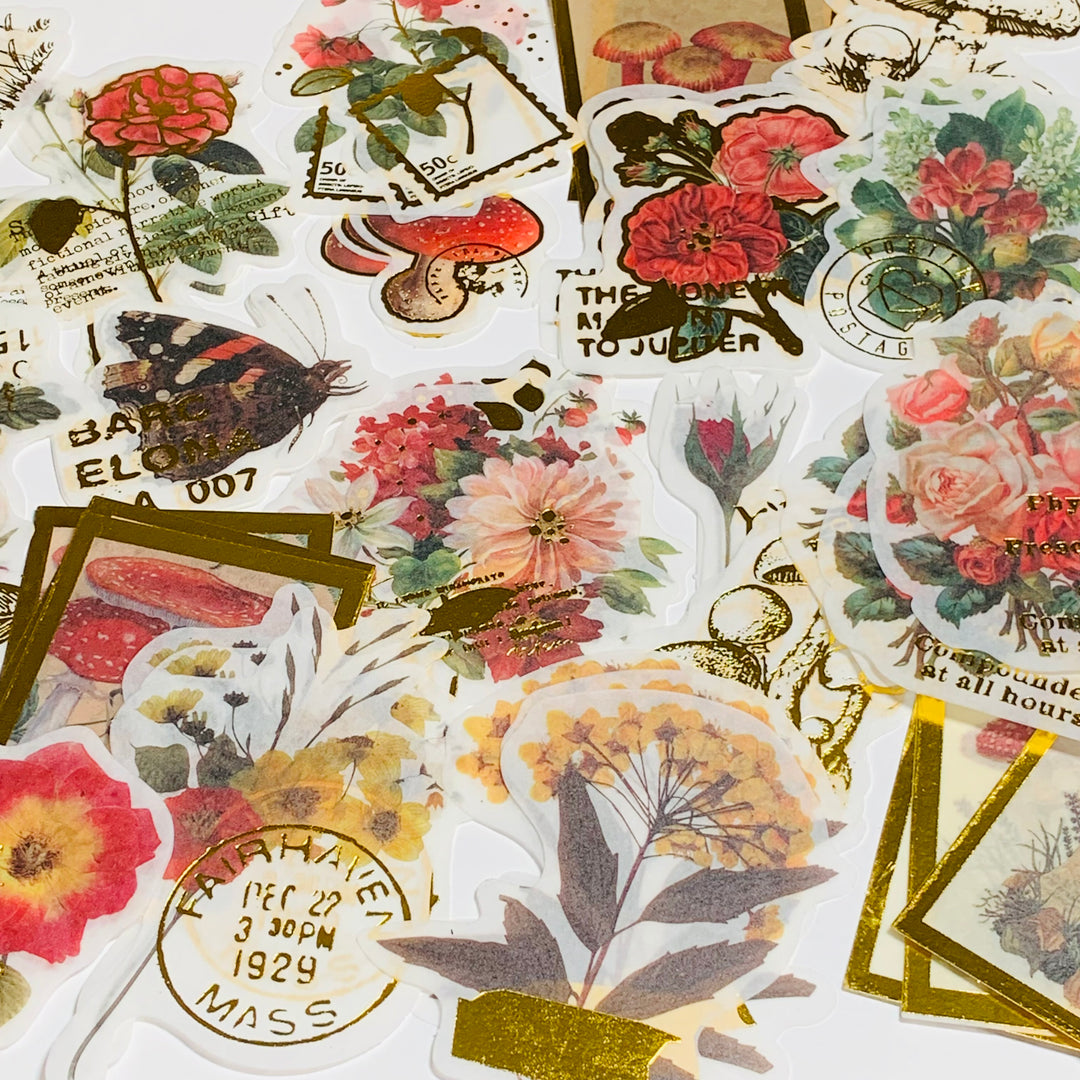 DREAMY EDEN GARDEN JOURNALING Gold Foil Stickers Pack ~ 60 Stickers ~ 40 - 95mm