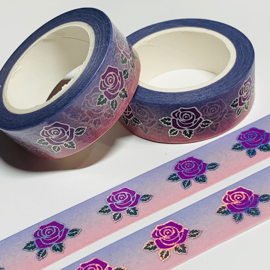 FULL BLOOM ROSES On Purple Ombre Silver Foil Washi Tape ~ 1 Roll ~ 15mm x 10m (33 Feet)