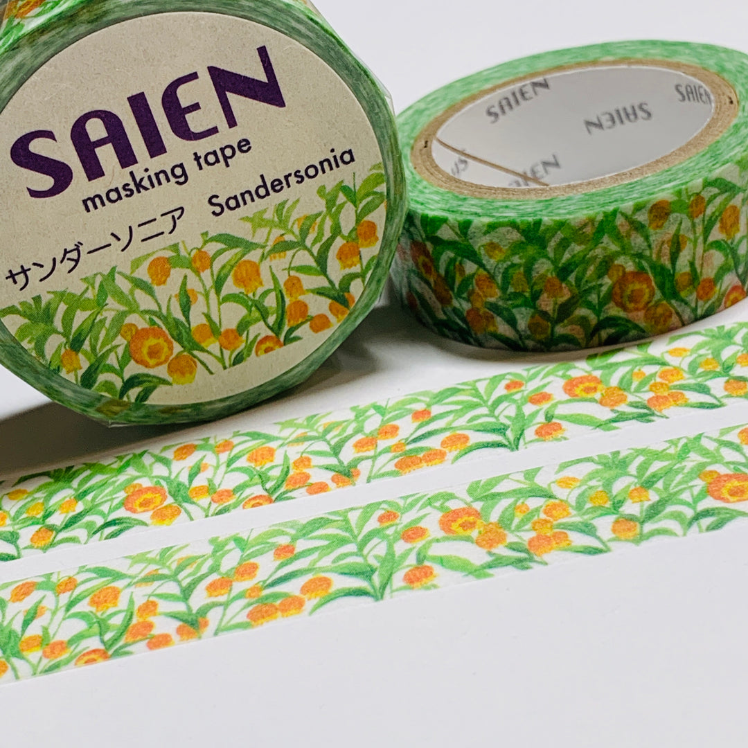 YELLOW SANDERSONIAS CHINESE LANTERN Flowers Saien Masking Washi Tape ~ 1 Roll ~ 15mm x 10m (33 Feet)