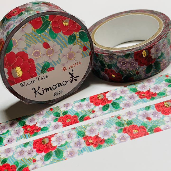 KIMONO CAMELLIA And CHERRY BLOSSOMS Gold Foil Saien Washi Tape ~ 1 Roll ~ 15mm x 7m (23 Feet)