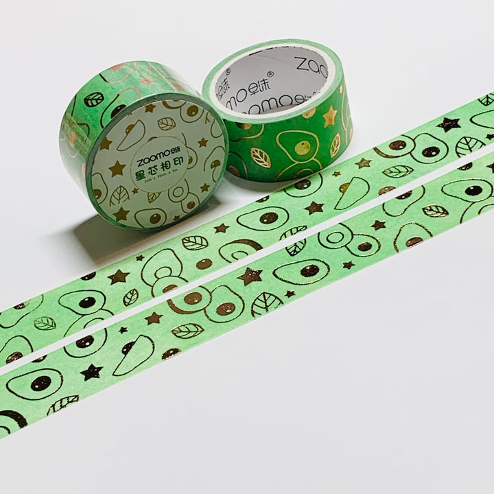 AVOCADO DOODLES & STARS In Gold Foil Washi Tape ~ 1 Roll ~ 20mm x 5m (16 Feet)