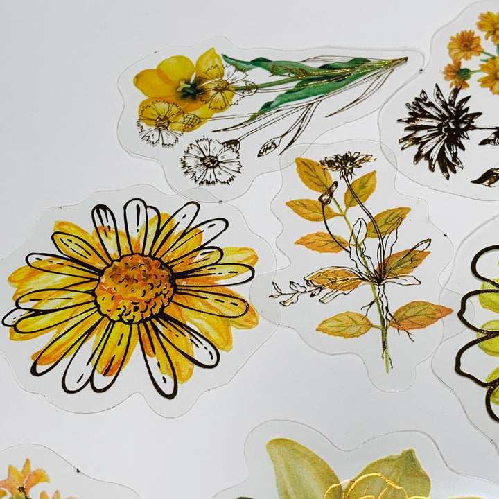 DAISY IS FULL YELLOW FLORAL ASSORTMENT Gold Foil Peelable Sticker Pack ~ 30 Pieces, Each Sticker 51-65mm