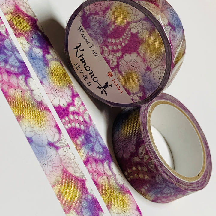 KIMONO PURPLE TSUJIGA FLORAL Gold Foil Saien Washi Tape ~ 1 Roll ~ 15mm x 7m (23 Feet)