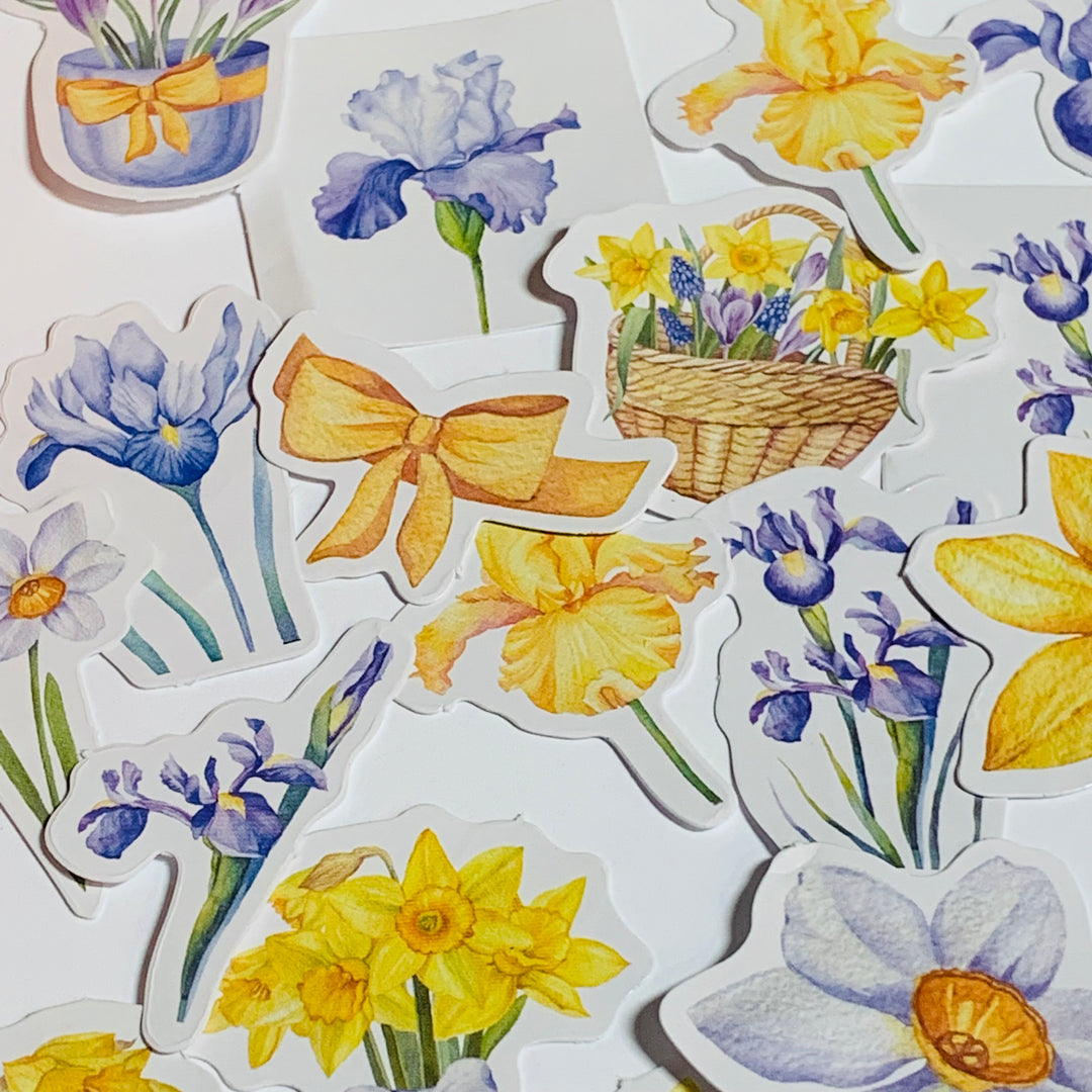 DAFFODILS And IRISES FLORAL Peelable Stickers  ~ 46 Pieces ~ Each Sticker is Approximately 38mm