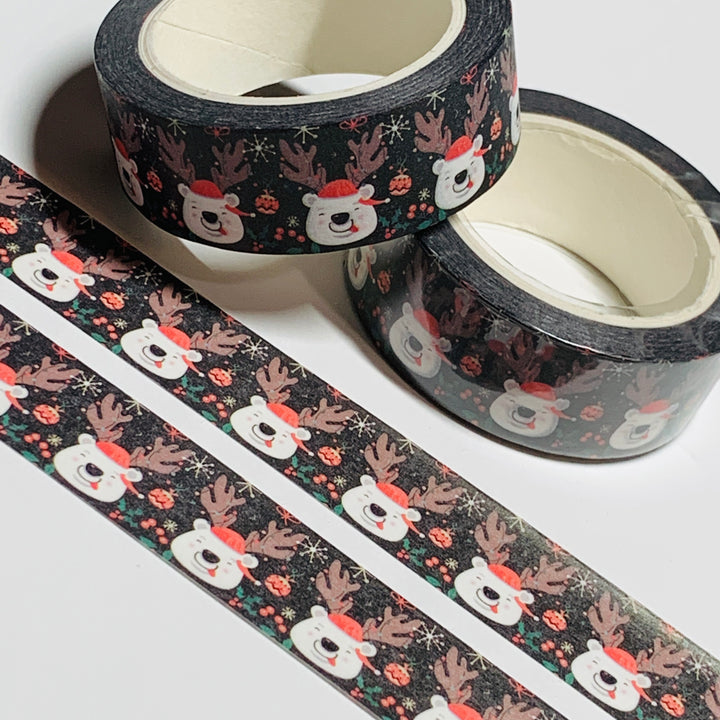 FESTIVE POLAR BEAR With REINDEER ANTLERS Holiday Washi Tape ~ 1 Roll ~ 15mm x 10m (33 Feet)