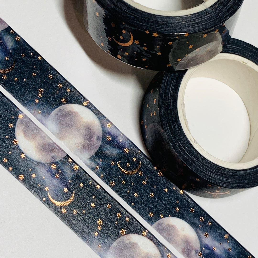 SMOKY FULL MOON With ROSE GOLD Stars & Crescent Washi Tape ~ 1 Roll ~ 15mm x 10m (33 Feet)