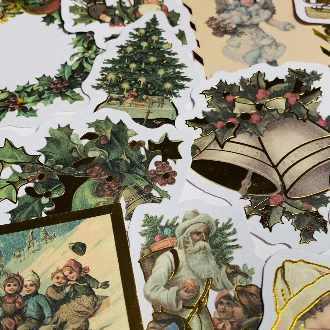 A SNOW DAY VICTORIAN CHRISTMAS And Gold Foiled Ephemera Stickers Pack ~ 24 Pieces ~ 3 Inches