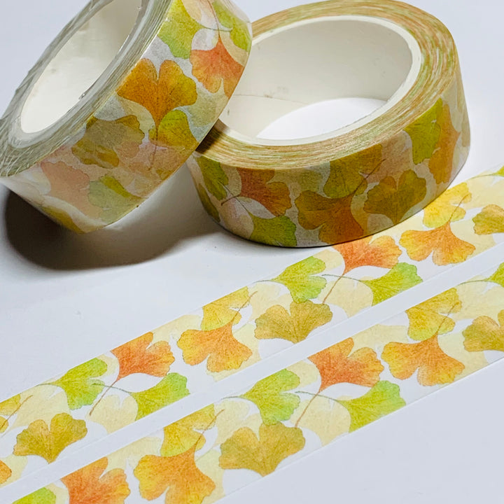 NEW SIZE! FALL LEAVES in GREEN and Orange Washi Tape ~ 1 Roll ~ 15mm x 10m (33 Feet)