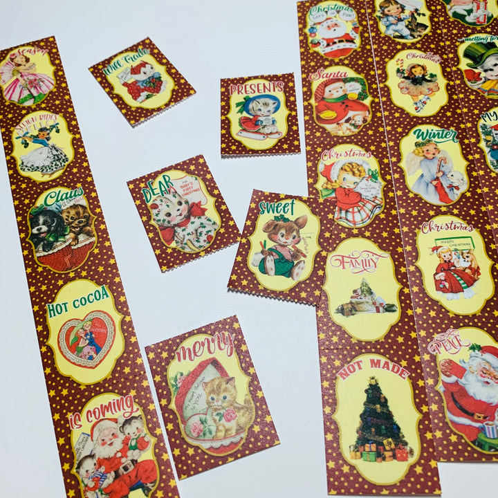 VINTAGE CHRISTMAS TOYS & Animals Ticket Sticker Sheets ~ 1 Stack ~ 150 Stickers in 30 Designs