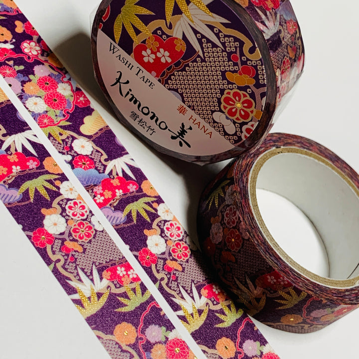 KIMONO SNOW PINE & BAMBOO Gold Foil Saien Washi Tape ~ 1 Roll ~ 15mm x 7m (23 Feet)