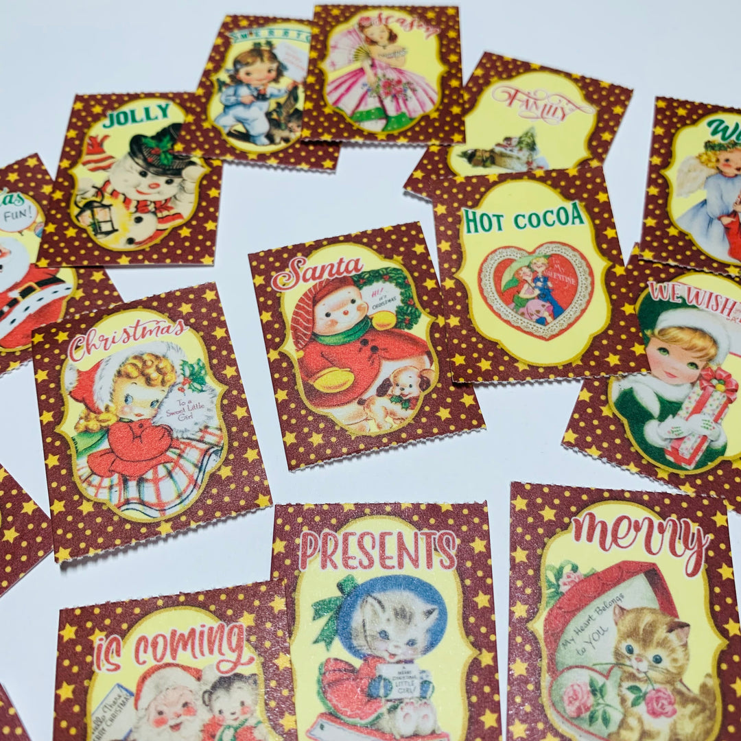 VINTAGE CHRISTMAS TOYS & Animals Ticket Sticker Sheets ~ 1 Stack ~ 150 Stickers in 30 Designs