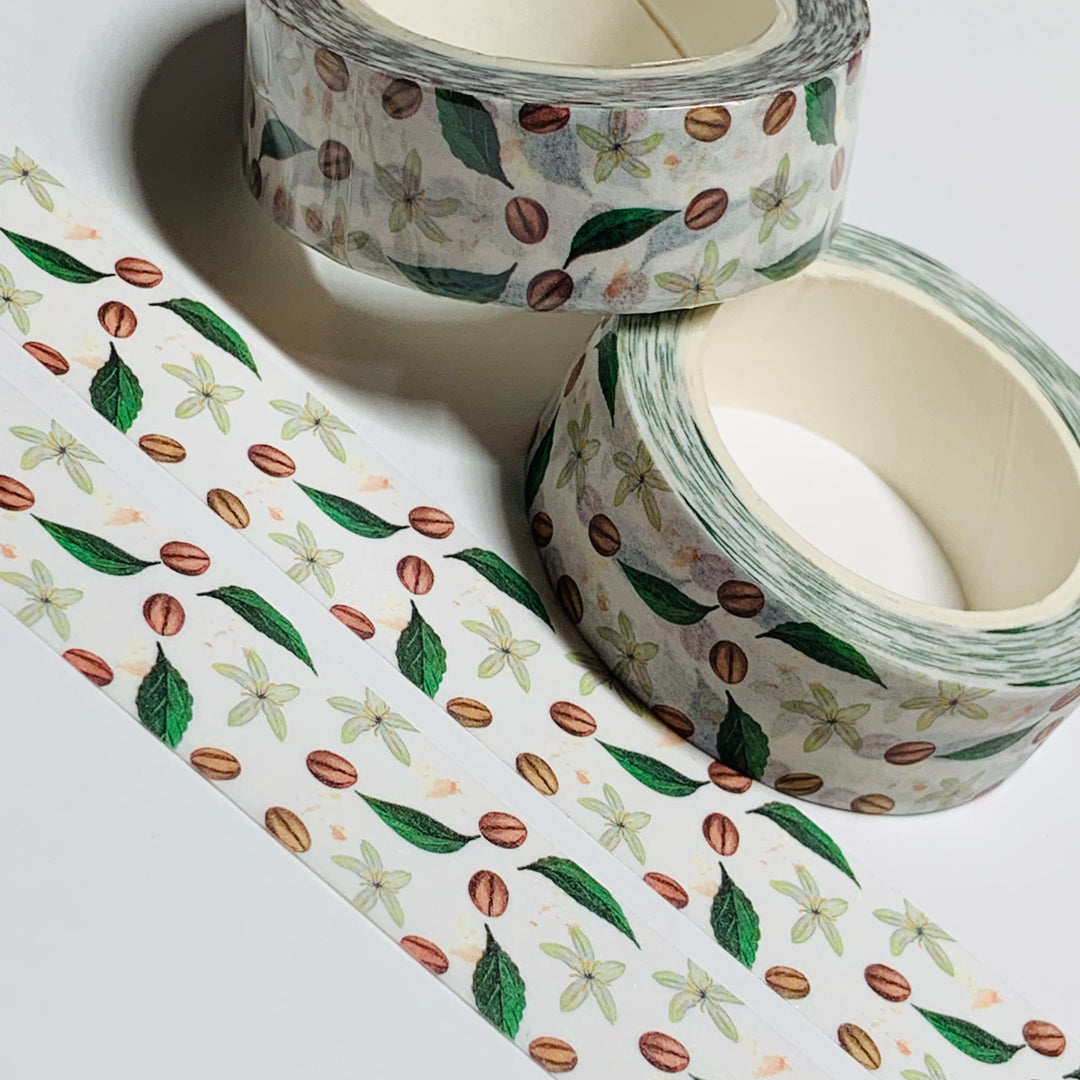 COFFEE BEANS & LEAVES Washi Tape ~ 1 Roll ~ 15mm x 10m (33 Feet)