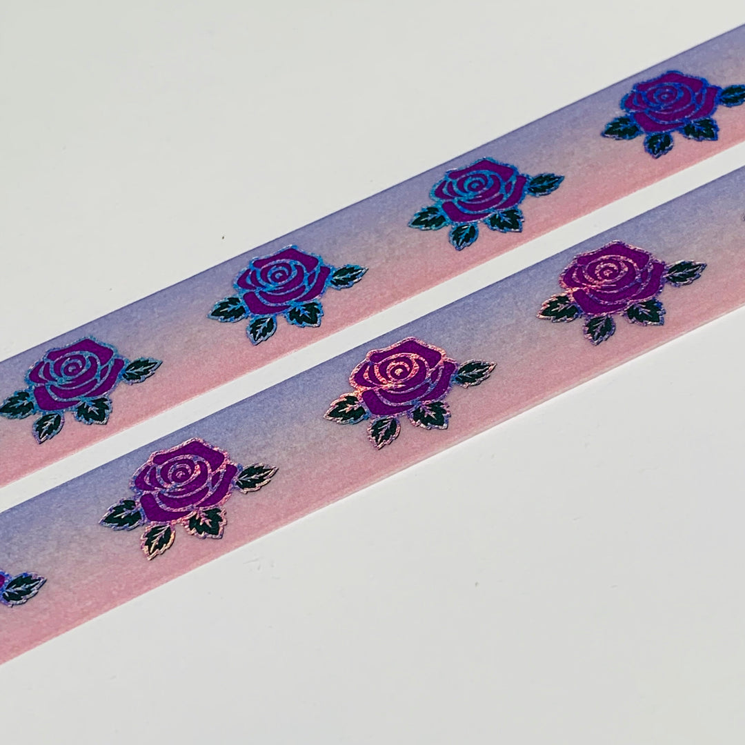 FULL BLOOM ROSES On Purple Ombre Silver Foil Washi Tape ~ 1 Roll ~ 15mm x 10m (33 Feet)