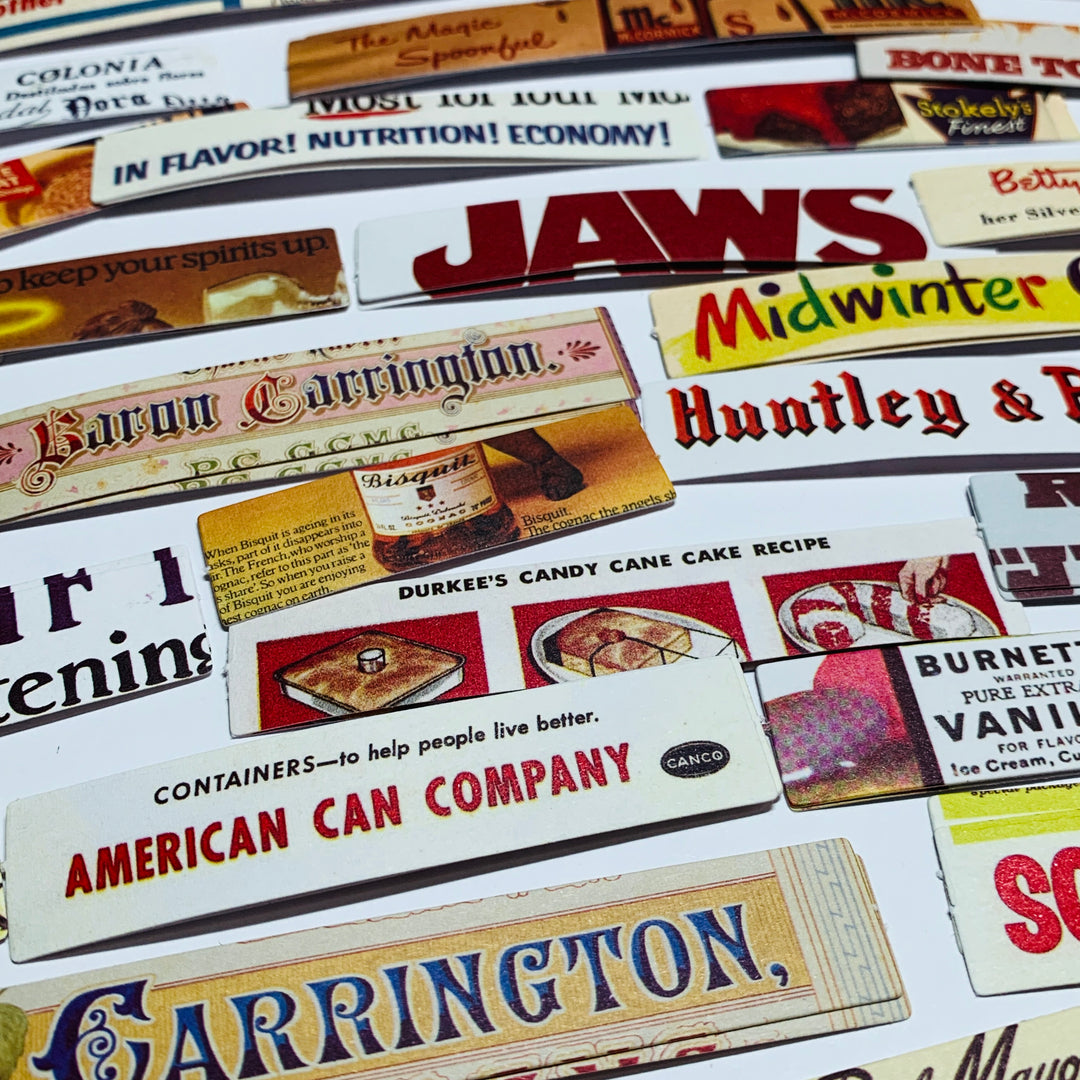 VINTAGE ADVERTISING & MOVIE STICKER STRIPS Ephemera Pack ~ 100 Pieces ~ 50-120mm
