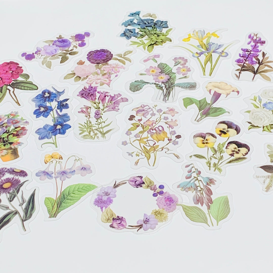 ROMANTIC BLUE & PURPLE WILDFLOWERS Peelable Stickers Pack ~ 40 Pieces, Each Sticker 85-105mm