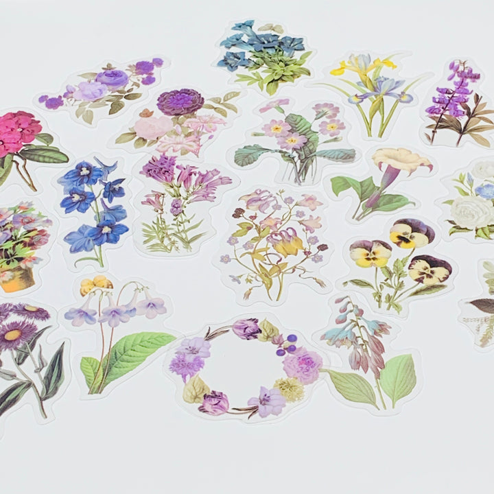 ROMANTIC BLUE & PURPLE WILDFLOWERS Peelable Stickers Pack ~ 40 Pieces, Each Sticker 85-105mm