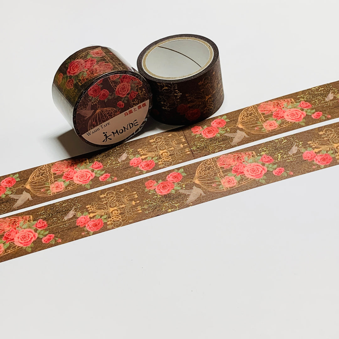 KIMONO MONDE BIRD CAGE And ROSES Gold Foil Saien Washi Tape ~ 1 Roll ~ 25mm x 5m (16 Feet)